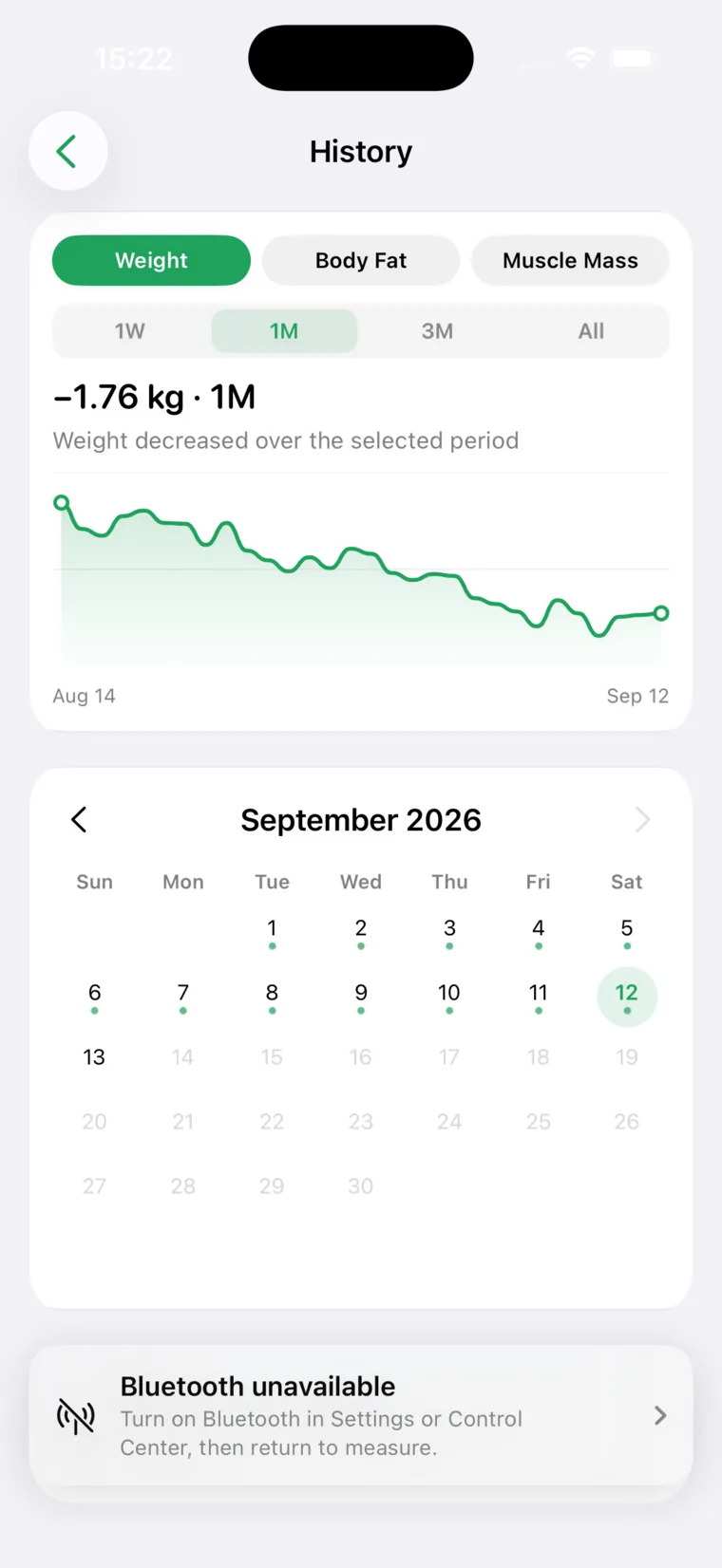 Scale Metrics history screen with multi-week trend chart and weigh-in calendar