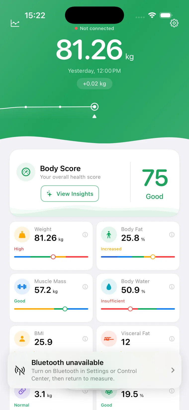 Scale Metrics home screen with weight, body score, and composition metrics