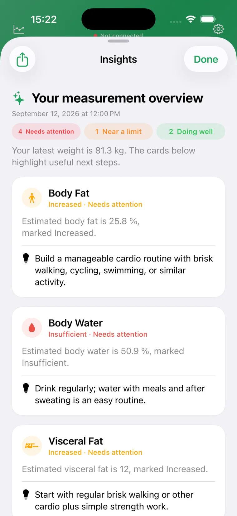 Scale Metrics insights screen explaining body composition estimates